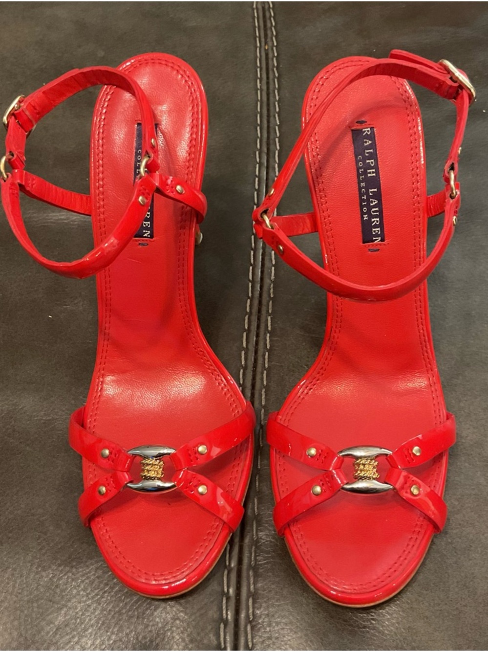 Ralph Lauren Red Patent Leather Strappy Heel Sandals
